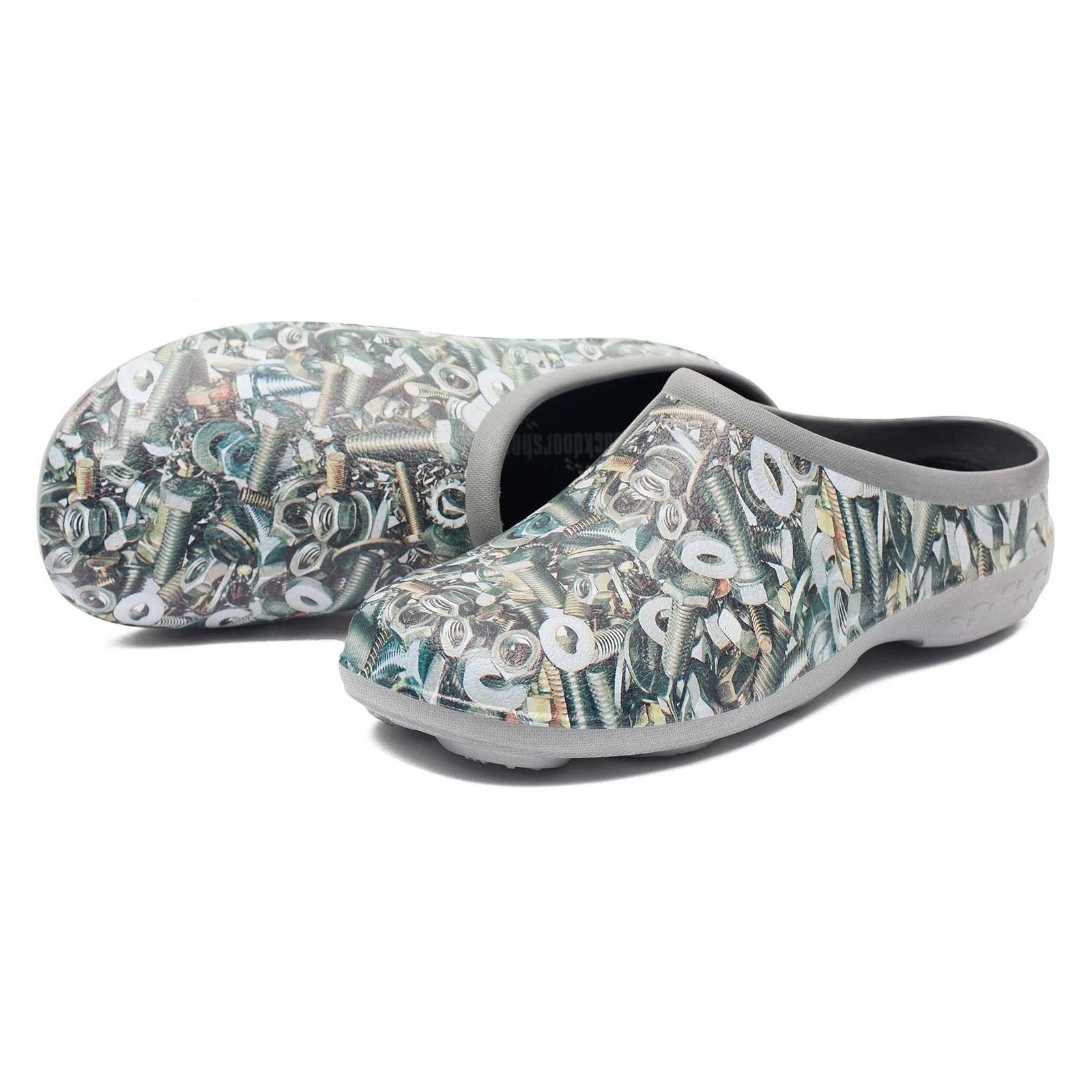 Mens Outdoor Garden Clogs Waterproof Grey Nuts & Bolts Wide Insole Lightweight