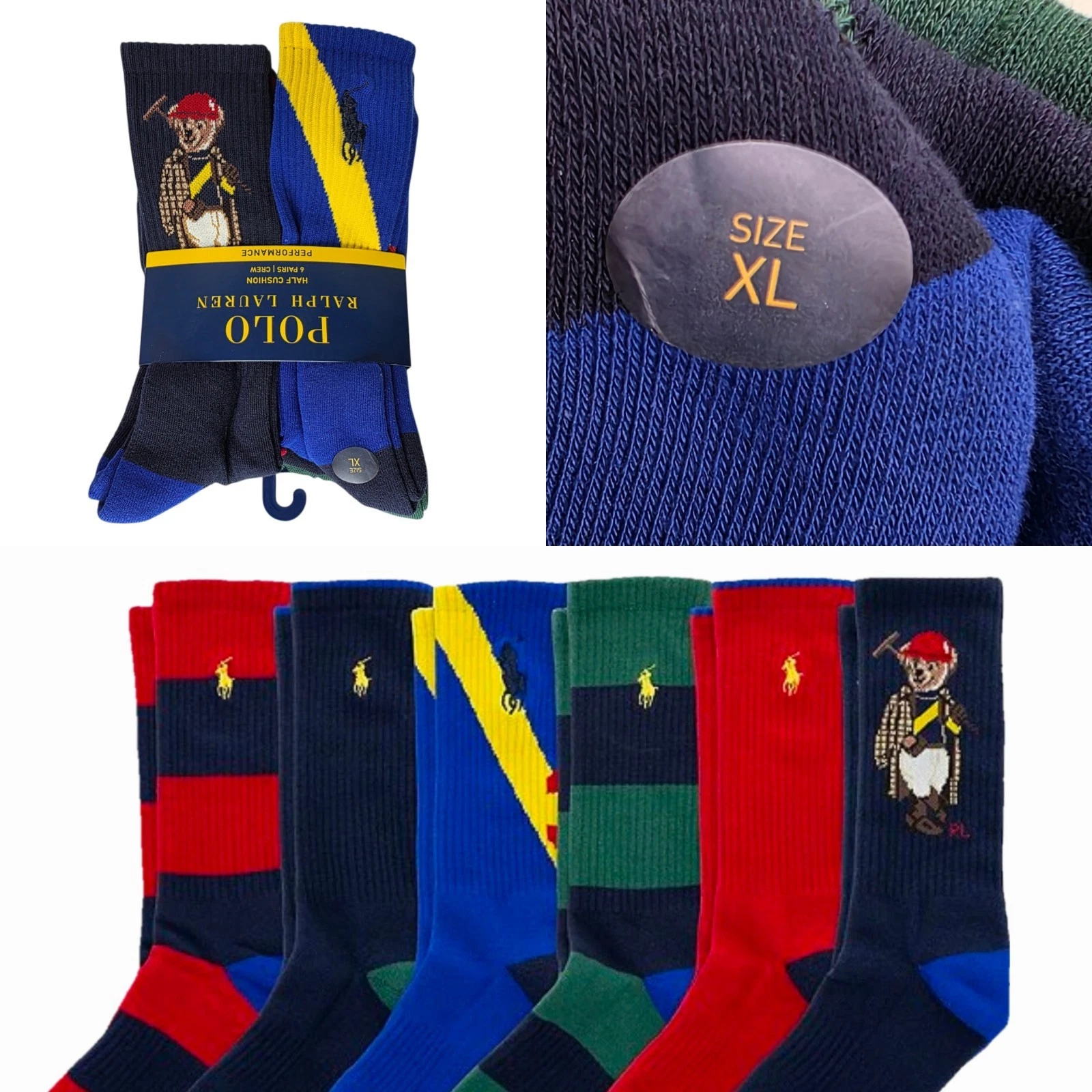 New Polo Ralph Lauren Crew Socks XL 6 Pack Polo Bear Stripe Colorblock
Opens in a new window or tab