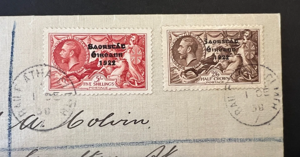 Caballitos de mar irlandeses 1938 SG99/100 2/6 y 5 en cubierta tejida registrada Dublín Irlanda Foto 2 de 4