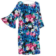 Calvin Klein Dress Floral Bell Sleeve Resort Vacation Tropical Cottage Midi 20W