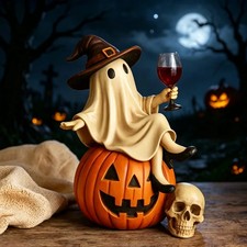 Ghost and Wine Halloween Decoration Sitting on a Pumpkin Home Decor