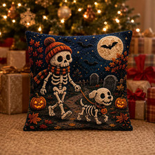 Skeleton Dog Halloween Pillow , Spooky Graveyard Throw Pillow, Cozy Fall Decor