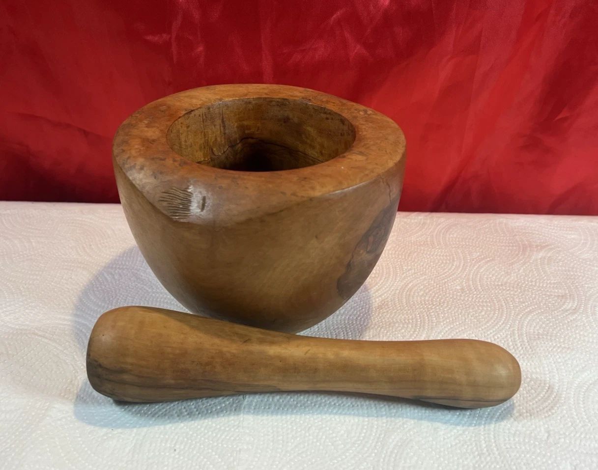 VINTAGE OLIVE WOOD PESTLE & MORTAR LARGE NATURAL RUSTIC