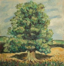 Vintage impressionist oil painting landscape tree