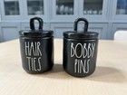 Rae Dunn HAIR TIES and BOBBY PINS 2 Small Ceramic Canisters Looped Lids Black