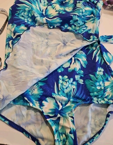 Vintage Maxine Of Hollywood Swimsuit Blue Green Floral Modest Swim Dress Size 12 - Picture 16 of 19