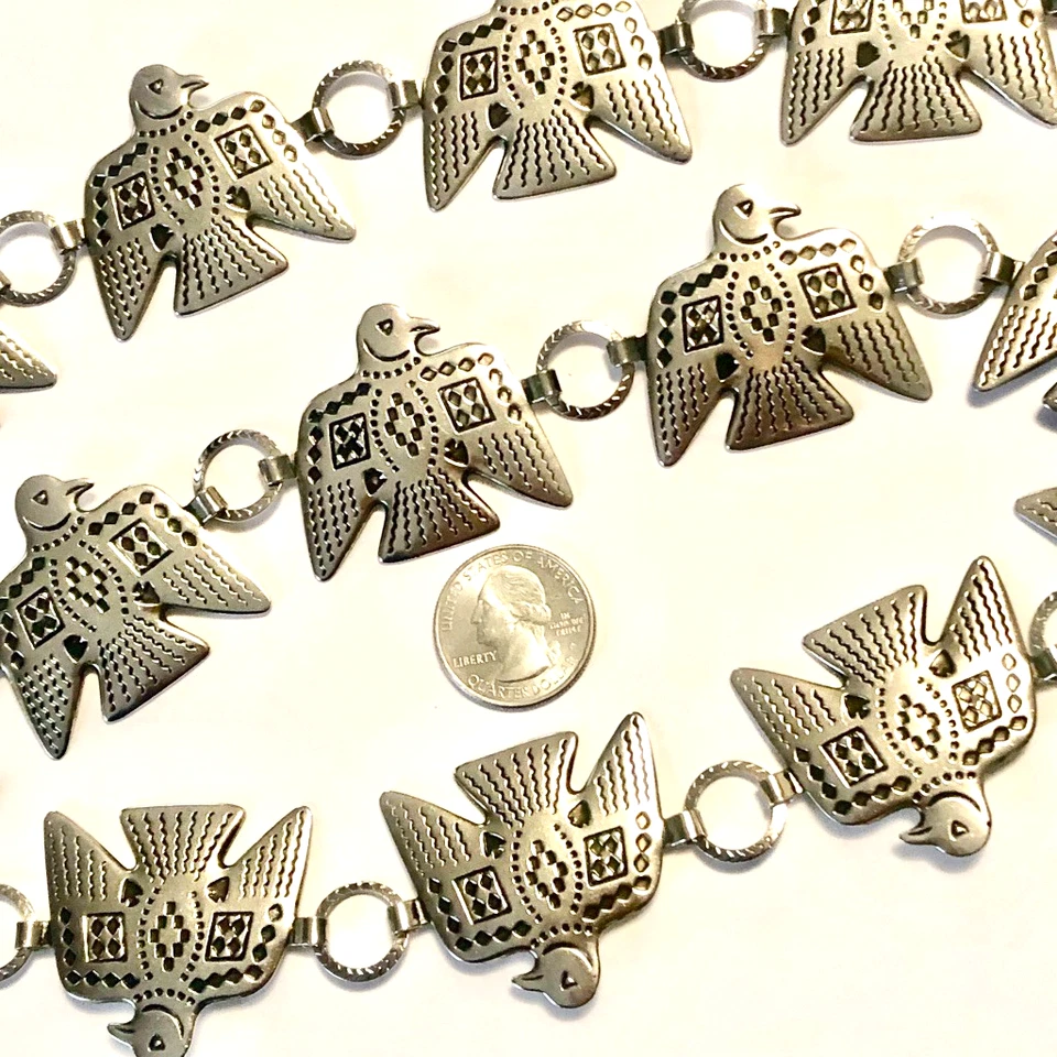 CINTURÓN ESLABÓN de metal plateado T S West THUNDERBIRD 37" ajuste diseño grabado aves de colección Foto 4 de 4