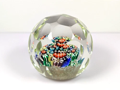 Vtg Art Glass Egg Orb Murano Paperweight Faceted Concentric Millefiori Flowers