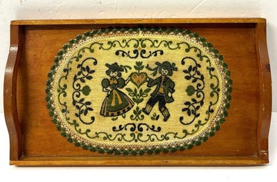 Vintage Handmade Austrian Folk Art Tapestry Shellacked On Wooden Serving Tray