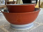 Gold-rimmed Handmade Rice Bowls Set of 2 Orange Blue White Spiral & Grass Inside