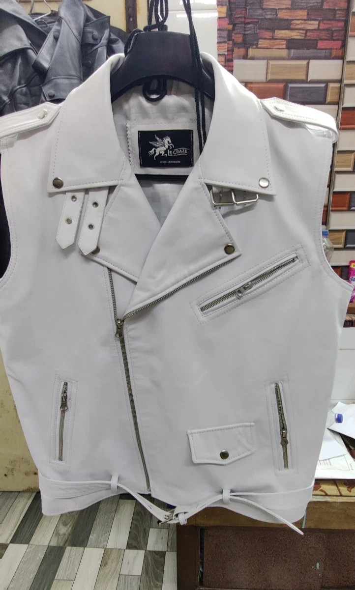 Genuine Lambskin White Motorcycle Biker Leather Vest Coat Sleeveless Jacket