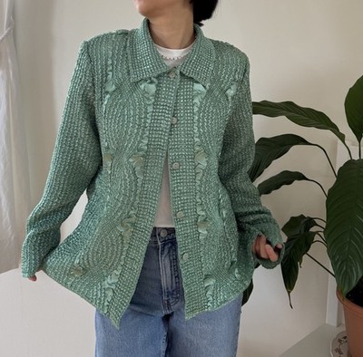 Vintage Bala Bala Textured Ruffle Smocked Stretch Emerald Green Jacket Size M
