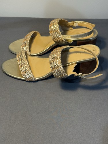 Talbot's Shoes Sandals Mimi Woven Gold Metallic Size 10.5 Block Heel - Picture 4 of 19