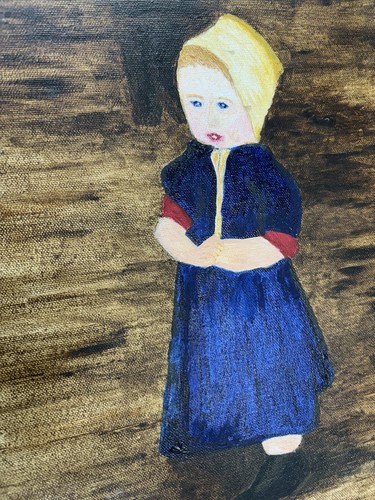 Vtg Hand Painted On Canvas Painting Portrait Folk Art Young Girl Child Signed - Picture 7 of 14