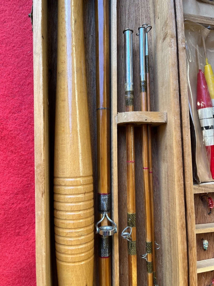 2 CAÑAS ANTIGUAS DE BAMBÚ CORTADAS JAPÓN + ACCESORIOS EN CAJA DE MADERA