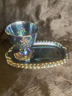 Indiana Carnival Glass  Harvest Grape  Open Sugar On Face Plate Blue Iridescent