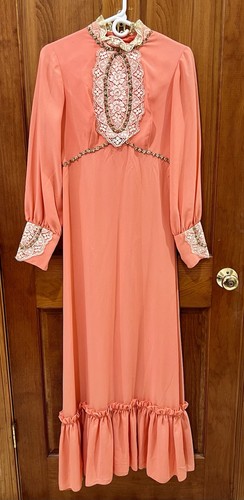Vtg 70s Peach Chiffon Maxi Bridesmaid Prom Gown Dress Lace High Neck Size 6? - Picture 2 of 24