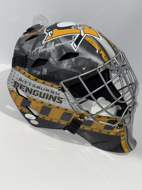 TOM BARRASSO MARC-ANDRE FLEURY SIGNED PITTSBURGH PENGUINS FS GOALIE MASK JSA COA