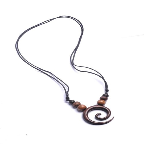 Tribal Necklace Wood Bead Round Spiral Pendant Adjustable Cord - 81stgeneration - Picture 2 of 4