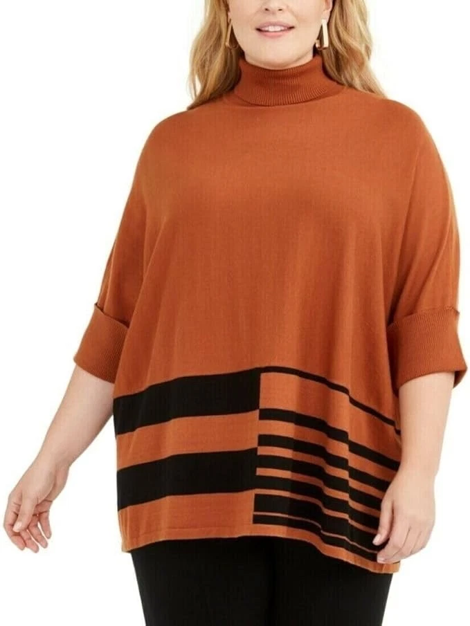 Alfani Women's Plus Size Colorblocked Turtleneck Poncho Brown XL