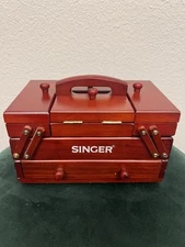 Vintage Wooden Fold Out Singer Sewing Box with Thread & Notions
