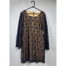 Liberty Love Womens 2XL Black Lace Overlay Shift Dress Long Sleeve Tan Lining