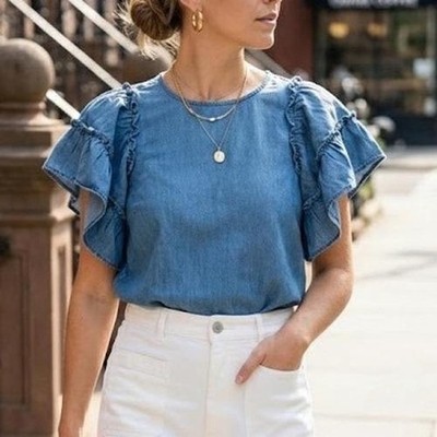 LOFT Women's XXSP Chambray Denim Ruffle Sleeve Top Peasant Soft Coastal Grandma