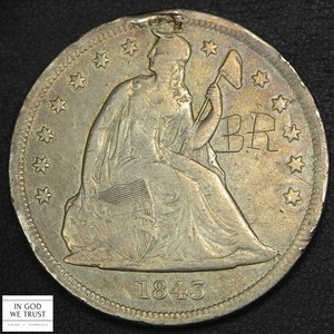 1843 No Motto Seated Liberty Silver Dollar $1 - Plugged