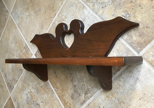 Vintage Solid Hand Crafted Wood Wall Mounted Shelf + Heart Cut Out Walnut Stain - Picture 9 of 18
