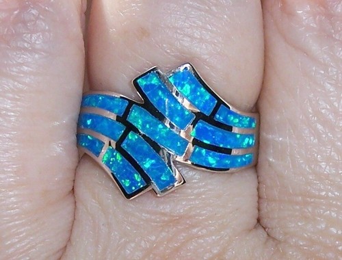 Blue Fire Opal Wave Ring Lab Created 925 Sterling Silver Women's-Sizes 4-12 - Picture 3 of 12