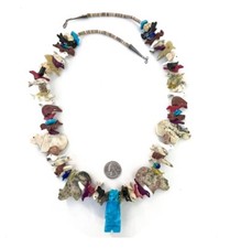 Vintage Zuni, Mutlistone Stacked Fetish & Turquoise Bear Pendant 35” Necklace