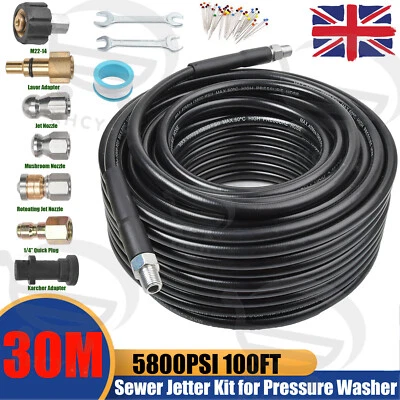 30M Sewer Jetter Kit for Pressure Washer 5800PSI Drain Cleaner Hose 1/4 inch NPT