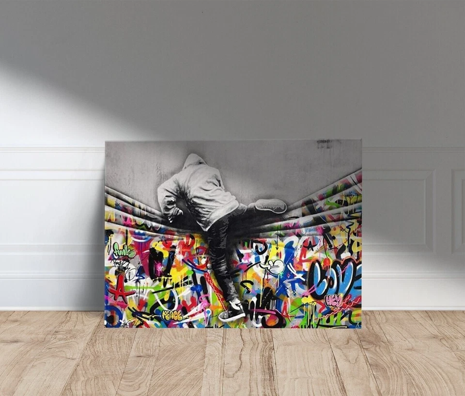 Lienzo Banksy, hombre saltando de cortina colorida, decoración de graffiti callejero, famoso Foto 2 de 4