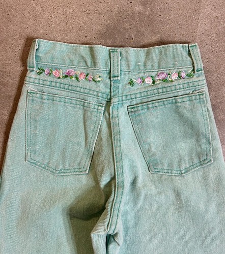 Vintage GIRLS Sz 8 SLIM Mom Jeans Green High Waist Tapered Lace Roses 80s - Picture 3 of 7