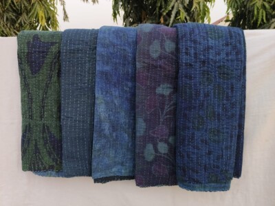 Boho Hippi Handmade Indigo Blue Dyed Cotton Kantha throws quilt, Bedspread Throw