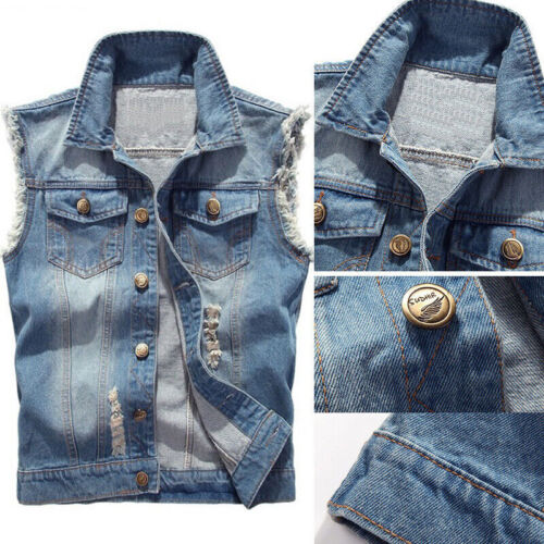 ⭐Gilet Uomo Denim Strappato Camionista Biker Lavaggio Gilet Giacca Jeans Senza Maniche⭐ - Foto 2 di 21
