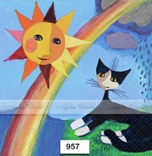 (957) TWO Paper Luncheon Decoupage Art Craft Napkins - ARTSY CAT KITTEN SUN RAIN