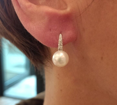Pendientes de Oro Blanco 18CT 750 Perlas Fw y Diamantes (633) - Imagen 7 de 7