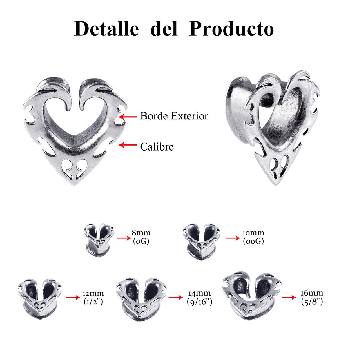 2Pcs Ear Gauges 316L Steel Hollow Heart-Shaped Tunnels Plugs