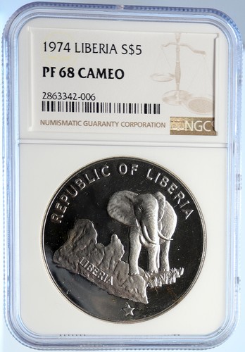 1974 LIBERIA State Map w Elephant VINTAGE OLD Proof Silver $5 Coin NGC i106531 - Picture 3 of 5