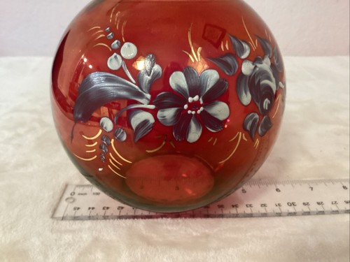 Vintage Handpainted Bohemian Glass Vase Round Cranberry Glass w/Floral Fast Ship - Picture 6 of 8
