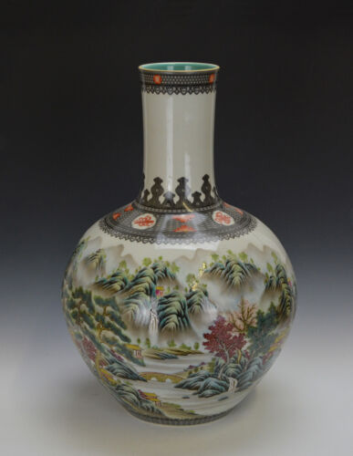 Large Chinese Republic Famille Rose Landscape Globular Porcelain Vase with Mark - Picture 2 of 12
