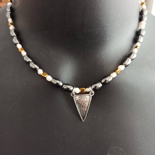 Sterling Silver Bird Stones Necklace Hematite Pearl Modernist Artisan Men Women - Picture 4 of 16