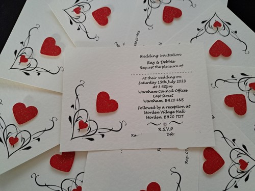 25 Handmade Personalised Heart Wedding Invitations day / evening free envelopes - Picture 2 of 11