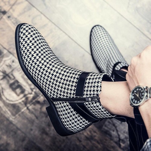 Men's Fashion Dress Retro Plaid Chelsea Strappy Buckle Pull On Ankle Boots Party - Picture 7 of 13