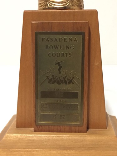 Vintage 50s Mens Bowling Trophy Gold Metal Topper Wood 1952 Pasadena CA 1950s - Picture 2 of 7
