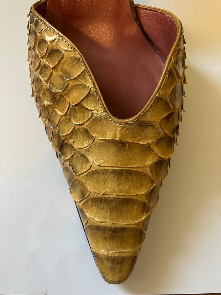 Sergio Rossi Python Snakeskin Mules Gold Pointed Toe Heels Size 35.5 US ...