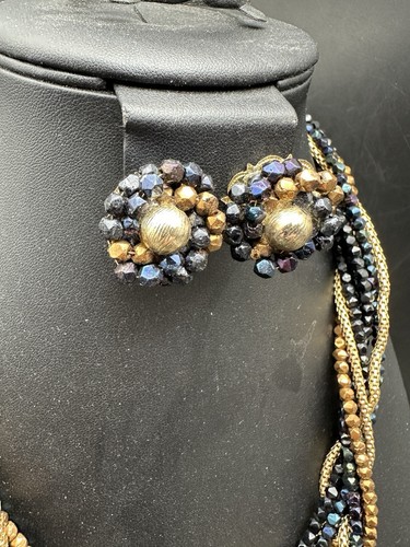 Vtg Beaded Necklace Clip On Earring Set Black Iridescent Copper Gold Tone Twist - Picture 4 of 15