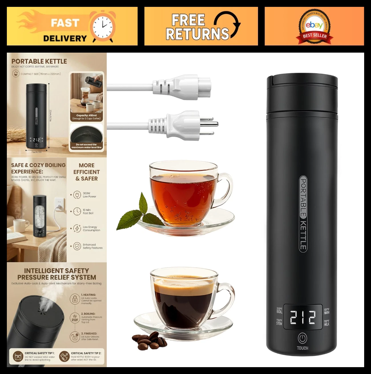 Portable Electric Travel Kettle, 316 Stainless Steel, 4-Speed Temp Control, Auto