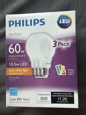 Philips Slim Style LED Bulbs 10.5W 60W Equivalent Dimmable Pack of 3